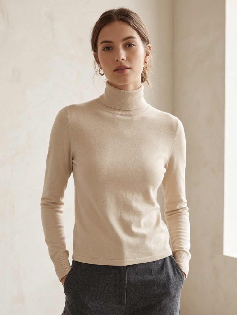 Babaton Classic Cream Turtleneck Long-Sleeve Top